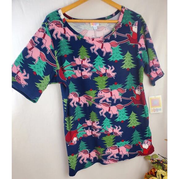 Nwt LuLaRoe Top Christmas 2XL Unicorn Santa Sleigh Gigi Leggings Material Shirt - Picture 6 of 10